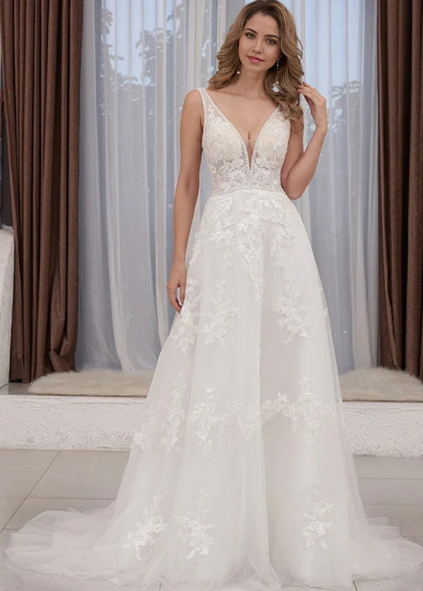 Vestidos de novia playeros de corte A con escote en V, apliques de encaje y sin mangas
